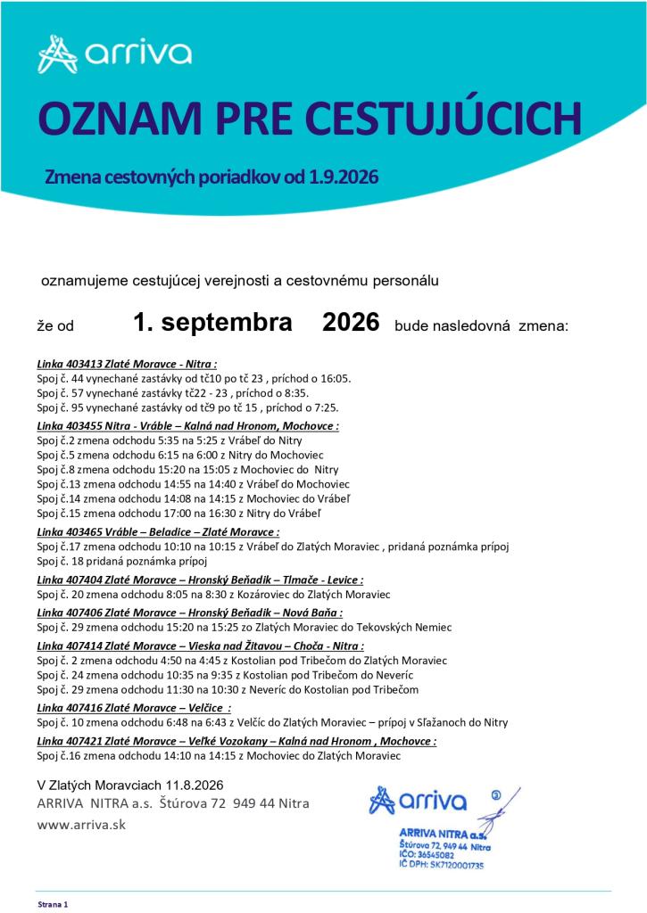 Oznam pre cestujúcich